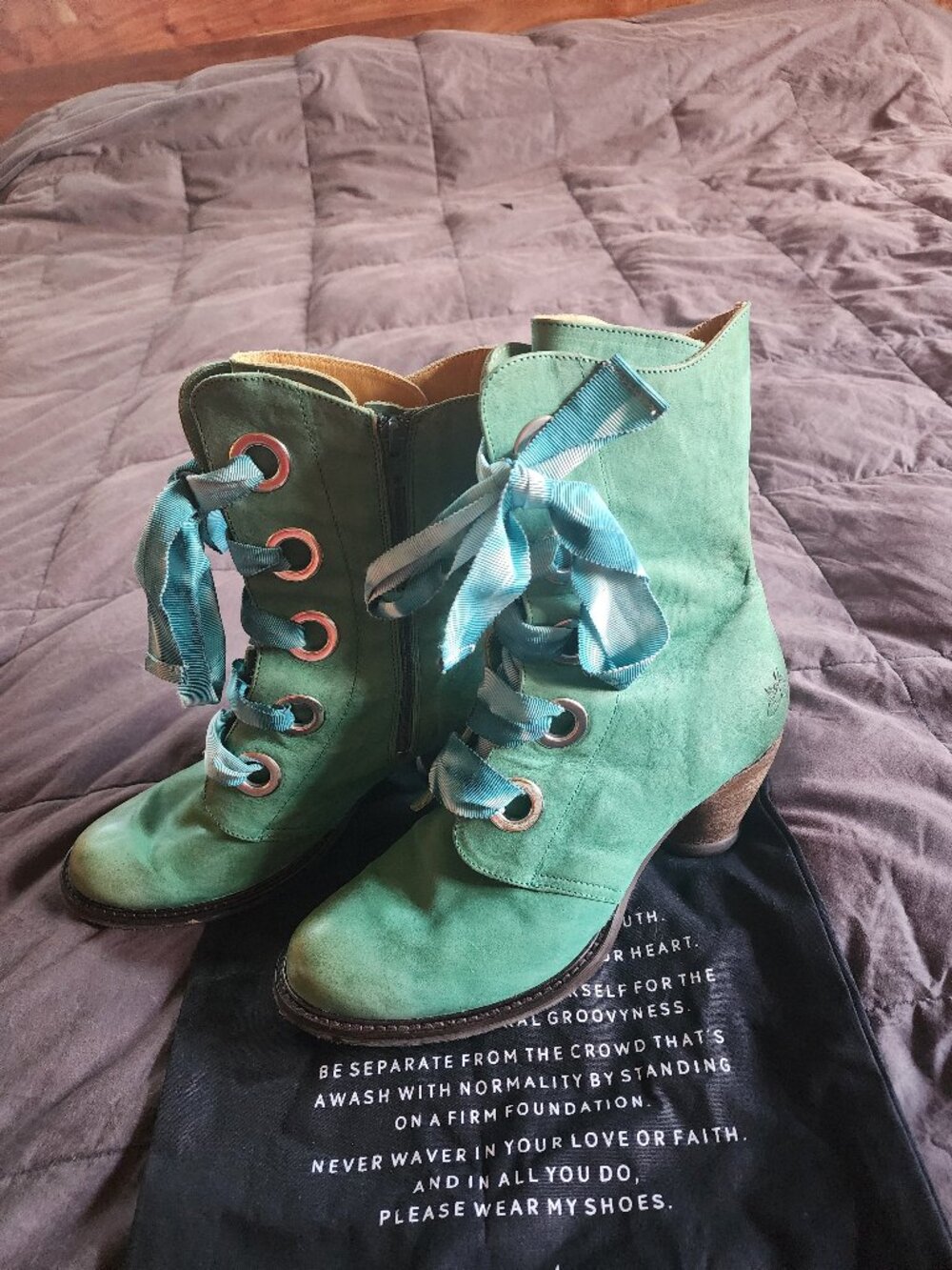 Fluevog Gladstone teal ribbon lace boots, size 11